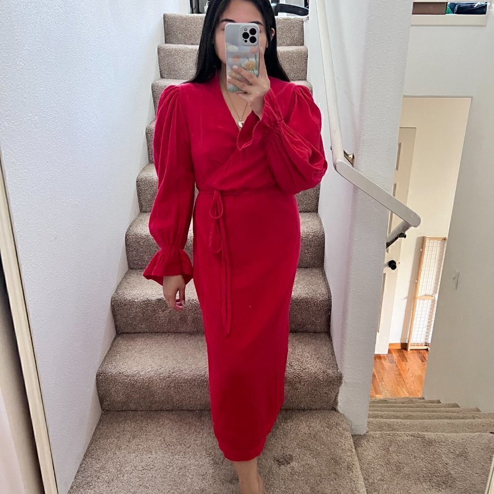 Rhode‎ Resort Emi Red Long Puff Sleeve Wrap Midi Dress XS‌‌‌‌‌‌